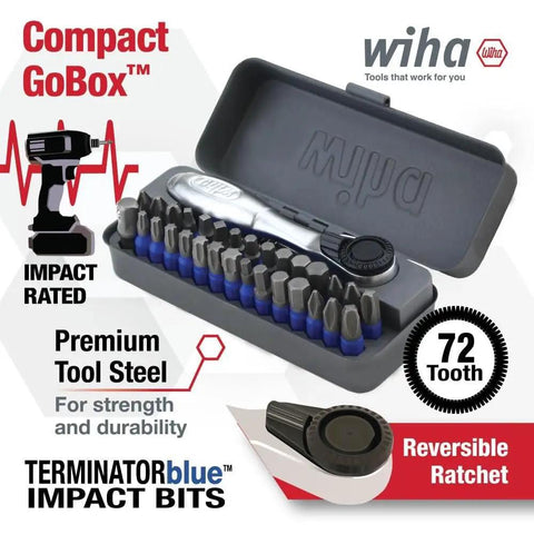 Killer Quality 32 Piece Impact Bit Set With Compact Mini Ratchet And Dependable Magnetic Driver For Quick On Site Repairs Covering Torx Phillips Hex Bits in gray case with ratchet and bits.