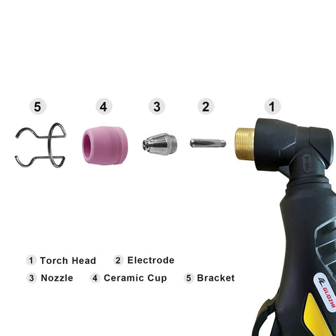 24 Piece Plasma Cutter Torch Consumables Kit For SG-55 AG-60 WSD-60 Series with torch head, electrode, nozzle, cup, bracket