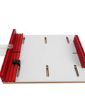 Universal Table Saw Crosscut Sled With Adjustable Aluminum Fence Provides Dead Nuts Accurate Cuts For Smooth Woodworking Projects Built Tough showing red aluminum fence and white base.