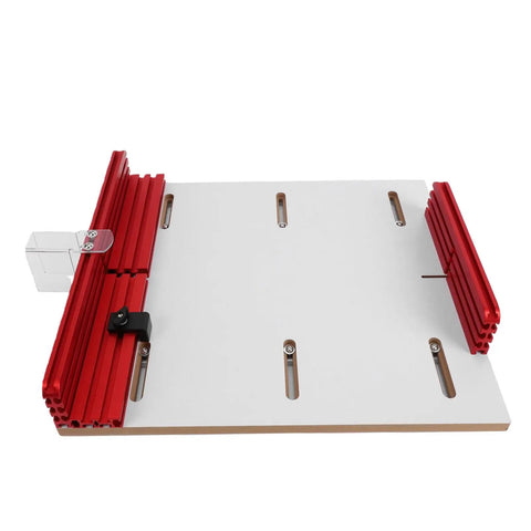 Universal Table Saw Crosscut Sled With Adjustable Aluminum Fence Provides Dead Nuts Accurate Cuts For Smooth Woodworking Projects Built Tough showing red aluminum fence and white base.