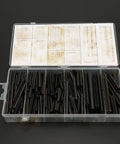 Open box of 450 Piece Spring Steel Split Dowel Pins And Hollow Roll Pins Assortment Kit For Machine Repair Automotive And Small Equipment Service Tool Set Pro Grade Pin Kit