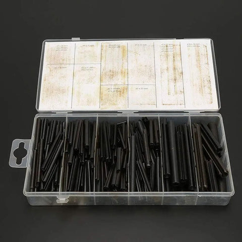 Open box of 450 Piece Spring Steel Split Dowel Pins And Hollow Roll Pins Assortment Kit For Machine Repair Automotive And Small Equipment Service Tool Set Pro Grade Pin Kit