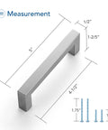 Brushed Nickel Four And Half Inch Cabinet Handles Square Kitchen Pulls for cabinets and drawers with measurement details