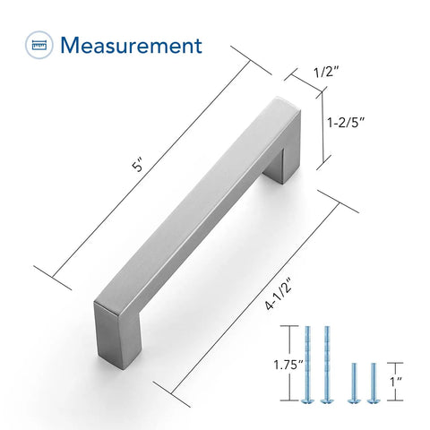 Brushed Nickel Four And Half Inch Cabinet Handles Square Kitchen Pulls for cabinets and drawers with measurement details