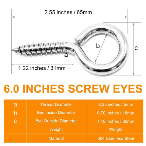 8-Pack 304 Stainless Steel Eye Screws, 2.5 Inch M6 Heavy Duty Eye Hooks Tough As Nails For Hanging Cable Wires On Wood, dimensions labeled