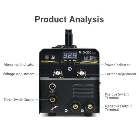 Front panel of the 3 In 1 MIG MMA TIG Non Gas Welding Machine 250A Super 220V showing controls and terminals