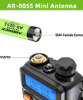 Detailed view of AR-805S mini antenna and SMA-Female connector for Dual Band Mini Short Stubby Ham Radio Antenna For 144 And 430 MHz.