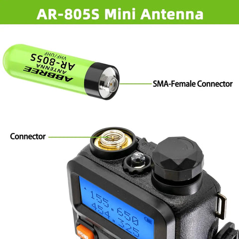 Detailed view of AR-805S mini antenna and SMA-Female connector for Dual Band Mini Short Stubby Ham Radio Antenna For 144 And 430 MHz.