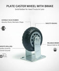 Heavy Duty Plate Caster With Brake For Hand Trucks And Industrial Carts, Solid Rubber Wheel, outdoor ready, shock absorbing
