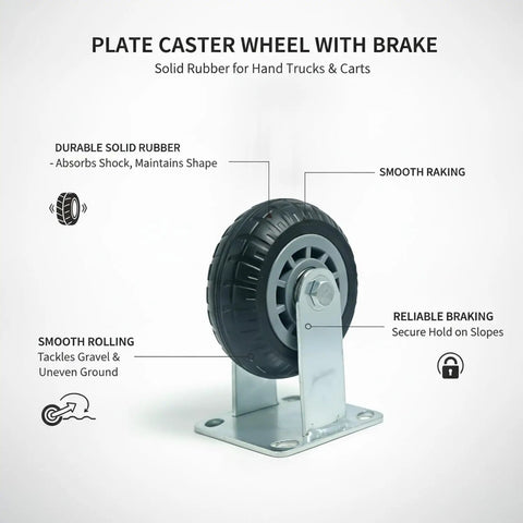 Heavy Duty Plate Caster With Brake For Hand Trucks And Industrial Carts, Solid Rubber Wheel, outdoor ready, shock absorbing
