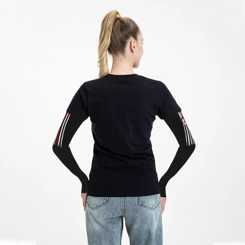 Back view of a woman wearing US Flag Airplane Wrench Cooling Arm Sleeves Ice Silk Sun Guard, designed for UV protection.