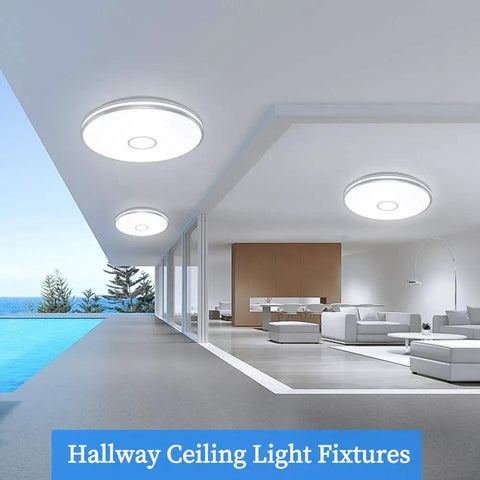 Lit 15 Inch LED Flush Mount Ceiling Light Fixture With 3800 Lumens And 5000K Daylight White in modern living room setting