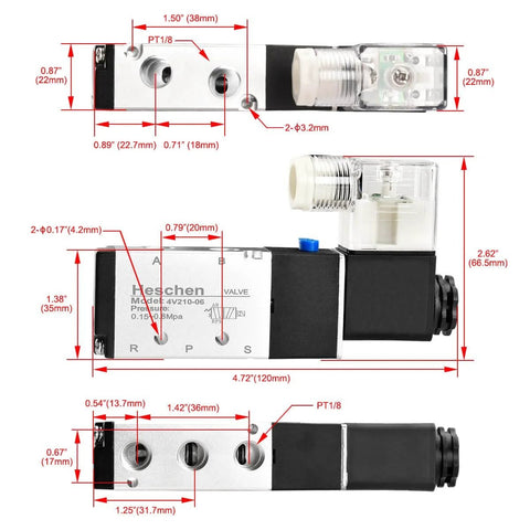 Dimensions of Electric Pneumatic Solenoid Valve 5 Way 2 Position, 220 VAC, 4V210-06 Compatible, 1/8 Inch PT Ports, CE Certified