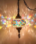 Turkish Mosaic Plug In Swag Pendant Light With 6.5 Inch Globe Large Hanging Ceiling Lamp Dope Boho Moroccan Vibe 15 Foot Cord and Chain