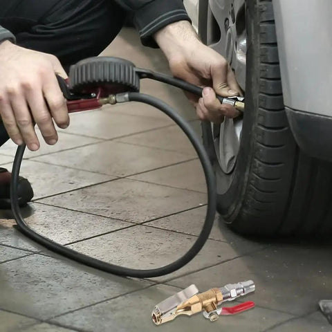 Straight Up Slick Lock On Tire Inflator Chuck Quick Release Valve Heavy Duty Air Compressor Hose Adapter Nozzle Swivel Hookup for Car SUV E V Truck Rig in use inflating a tire.
