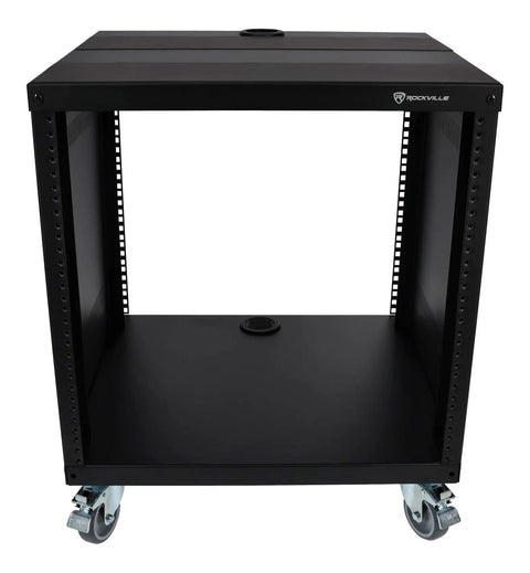 Hella Sturdy 10U Rolling Audio Rack Case For Live Sound And Recording Studio Gear With Smooth Casters, open design, steel frame.