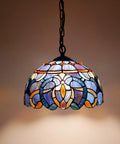Tiffany Style Pendant Light Fixture With Blue Purple Cloud Stained Glass Hanging Lamp, 12 Inch Shade, Antique Bronze Base