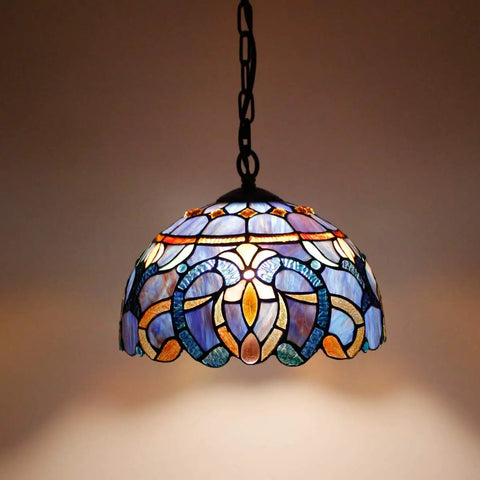 Tiffany Style Pendant Light Fixture With Blue Purple Cloud Stained Glass Hanging Lamp, 12 Inch Shade, Antique Bronze Base