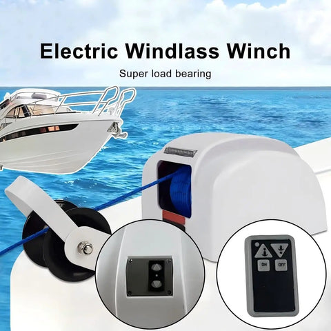 Heavy Duty Electric Boat Anchor Winch Kit With Stainless Steel Build And 31m Rope For Saltwater Use, view of electric winch and control switch.