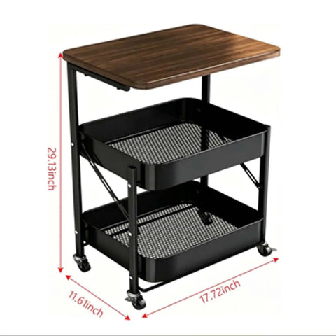 Versatile 2 Tier Rolling Utility Cart With Solid Wood Top And Reinforced Steel Mesh Basket Hella Sturdy Storage Trolley Smooth Glide Kitchen Organizer And Small Space Daily Flex, 29.13 by 11.6 by 17.72 inches.