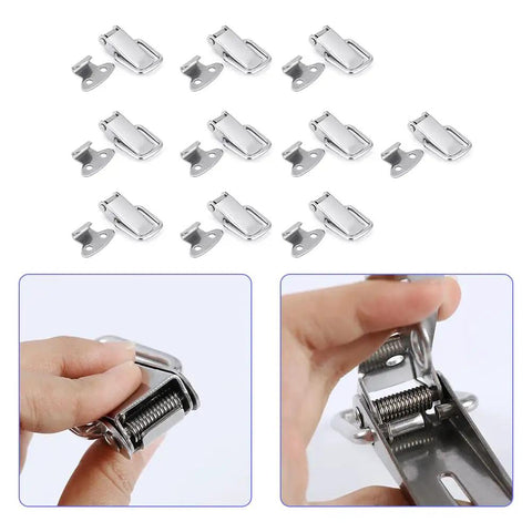 10 Pack Stainless Steel Spring Loaded Toggle Latch Clips For Cabinets shown in polished silver with close-up of latch mechanism