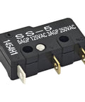 Six Pack Pin Plunger Micro Switches With SPDT N O N C High Current 5A at 125V AC or 3A at 250V AC Heavy Duty Small Switches showing black micro switch with terminals.