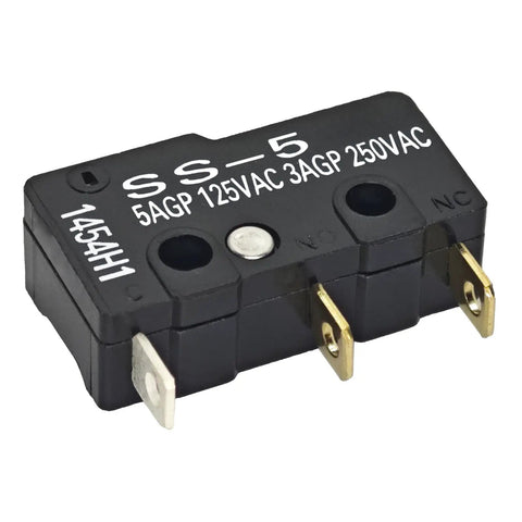 Six Pack Pin Plunger Micro Switches With SPDT N O N C High Current 5A at 125V AC or 3A at 250V AC Heavy Duty Small Switches showing black micro switch with terminals.
