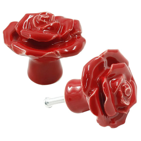 Top Shelf Red Rose Ceramic Drawer Pulls and Dope Floral Cabinet Hardware Knobs with Smooth High Temperature Glaze for Kitchen Refresh and Modern Room Makeover Two Piece Set, red ceramic rose design.
