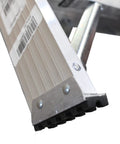 Close-up of the sturdy base of the Rock Solid 2 Step Aluminum Work Stool, Heavy Duty Industrial Step Ladder With 300 Pound Load Rating.