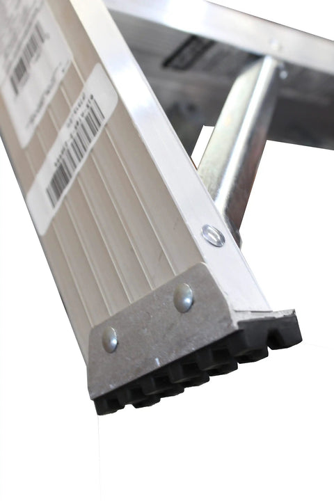 Close-up of the sturdy base of the Rock Solid 2 Step Aluminum Work Stool, Heavy Duty Industrial Step Ladder With 300 Pound Load Rating.