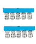 Five Way 1/2 Inch Manifold Block Splitter for Air Hose Inline Fittings, silver blue finish, heavy duty iron construction, double view
