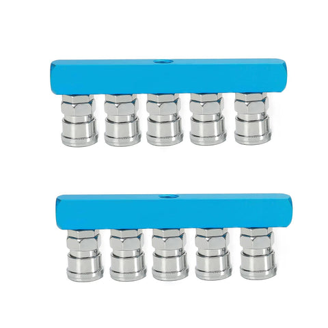 Five Way 1/2 Inch Manifold Block Splitter for Air Hose Inline Fittings, silver blue finish, heavy duty iron construction, double view