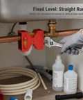 Spirit Level, Foldable Pipe, Adjustable Angle Pipe Corner Gauge clamped to copper pipe, shows horizontal level with wrench.