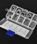Heavy Duty Stainless Steel Washer Set With 260 Pcs Spring And Flat Washers In Seven Sizes M2.5 To M10 Rust Resistant Assortment Kit For Home Workshop And Factory Use, organized in labeled clear box