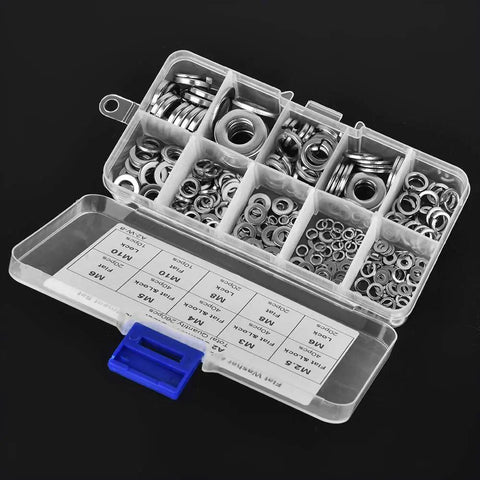 Heavy Duty Stainless Steel Washer Set With 260 Pcs Spring And Flat Washers In Seven Sizes M2.5 To M10 Rust Resistant Assortment Kit For Home Workshop And Factory Use, organized in labeled clear box