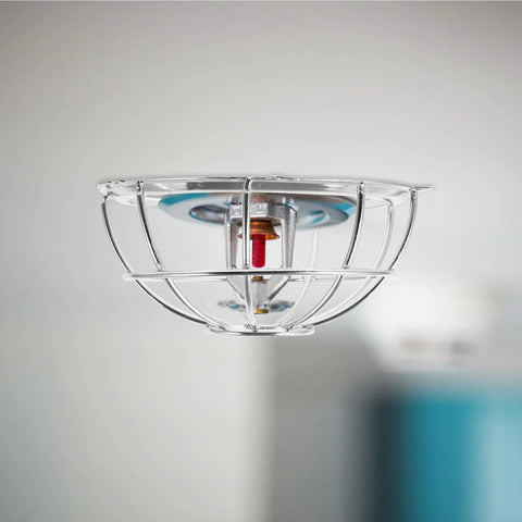 Heavy Duty Screw Mount Fire Sprinkler Guard Cage Shield with Impact Resistant Kickproof Cover for Upright Pendant and Horizontal Ceiling Heads.