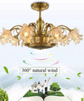 Vintage Retro Ceiling Fan With Crystal Light Fixture And Remote Control For Living Room Dining Bedroom with golden finish and floral light shades.