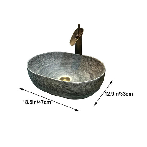 Vintage Ceramic Vessel Sink for Bathroom Vanity, Retro Chinese-Style Above Counter Vanity Sink (Small), 18.5in x 12.9in.