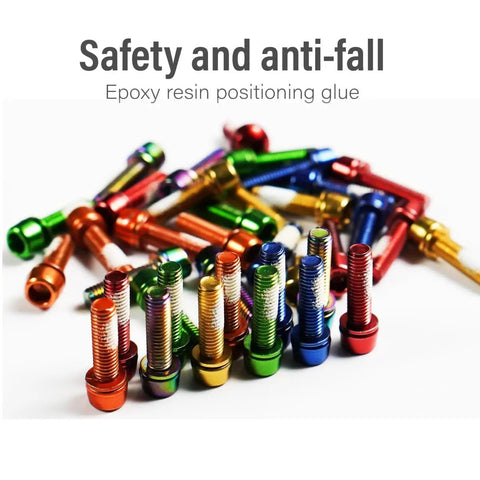 Assorted colored bike stem bolts with epoxy resin, including Beefy Orange Bike Stem Bolts With Washers For BMX MTB And Road Bikes.