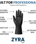 Heavy Duty Black Nitrile Exam Gloves Built Tough With Rock Solid 6 Mil Resistance Powder Free And Latex Free Construction Non Sterile Providing Straight Up Food Safe Coverage For Clinics Jobsites And Labs Large 100 Pack, displaying textured fingertips and beaded cuff.