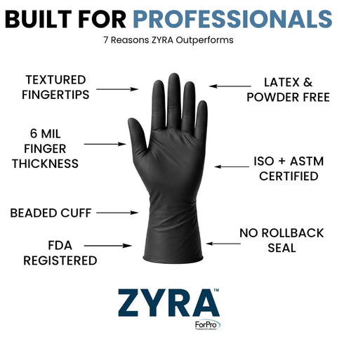 Heavy Duty Black Nitrile Exam Gloves Built Tough With Rock Solid 6 Mil Resistance Powder Free And Latex Free Construction Non Sterile Providing Straight Up Food Safe Coverage For Clinics Jobsites And Labs Large 100 Pack, displaying textured fingertips and beaded cuff.