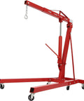 No Sweat Lifting Weights With This 2 Ton Folding Engine Hoist And Shop Crane featuring a red frame and smooth rolling casters.