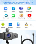 4K Webcam With Auto Focus And Light Correction, Aluminum Body, 70 Degree Field Of View, PDAF, 4K 30FPS, Built In Microphone, Privacy Cover shown with universal compatibility for streaming