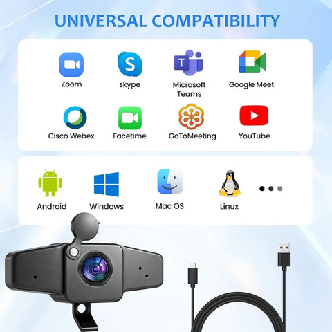 4K Webcam With Auto Focus And Light Correction, Aluminum Body, 70 Degree Field Of View, PDAF, 4K 30FPS, Built In Microphone, Privacy Cover shown with universal compatibility for streaming