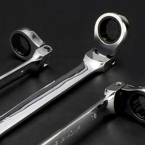 Close-up of three chrome vanadium steel wrenches from 22 Piece Flex Head Ratcheting Wrench Set With Metric And SAE Sizes In Chrome Vanadium Steel Hand Wrenches With Portable Carrying Bag For Home Garage Shop.