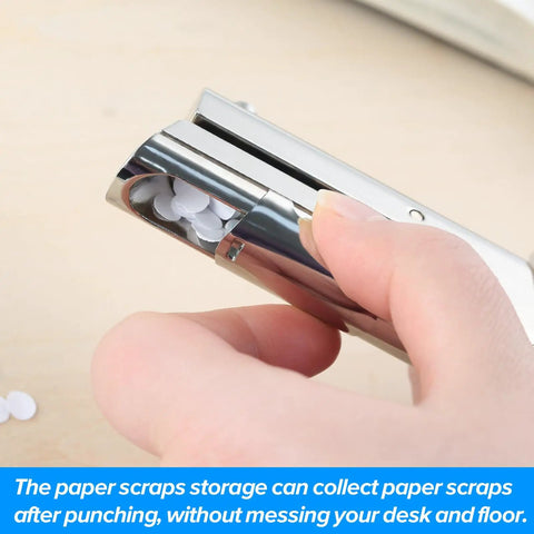 Heavy Duty Handheld Single Hole Punch with paper scraps storage for clean desk after use