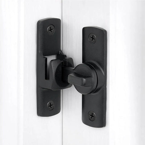 Front view of 90 And 180 Degree Flip Barn Door Lock For Privacy And Security, Adjustable Latch Hardware installed on a white door.