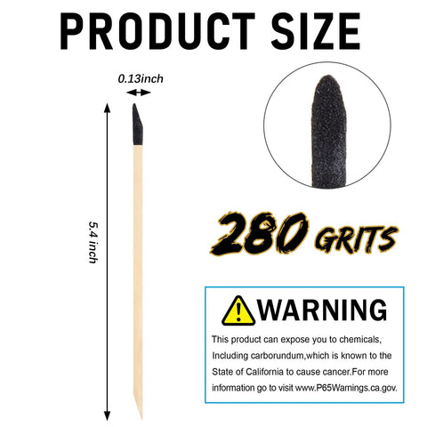 Diagram showing size and details of a 50 Pack 280 Grit Sanding Sticks For Plastic Models And Wood Hobby Fine Detailing Twigs With Wooden Handles 5.4 X 0.2 Inch Great For Smoothing Edges Removing Rust Glue Residue And Precise Buffing.
