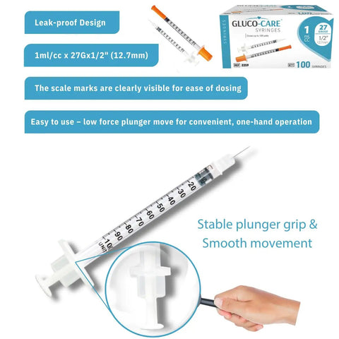 One Milliliter Insulin Syringe With 27 Gauge Half Inch Needle And Orange Cap 100 Count Pack For One Hand Operation Clear Easy To Read Scale Leak Proof Single Use Medical Syringe For Precise Dosing, with visible scale and plunger grip