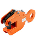 Vertical plate lifting clamp, orange steel, 2-ton capacity.